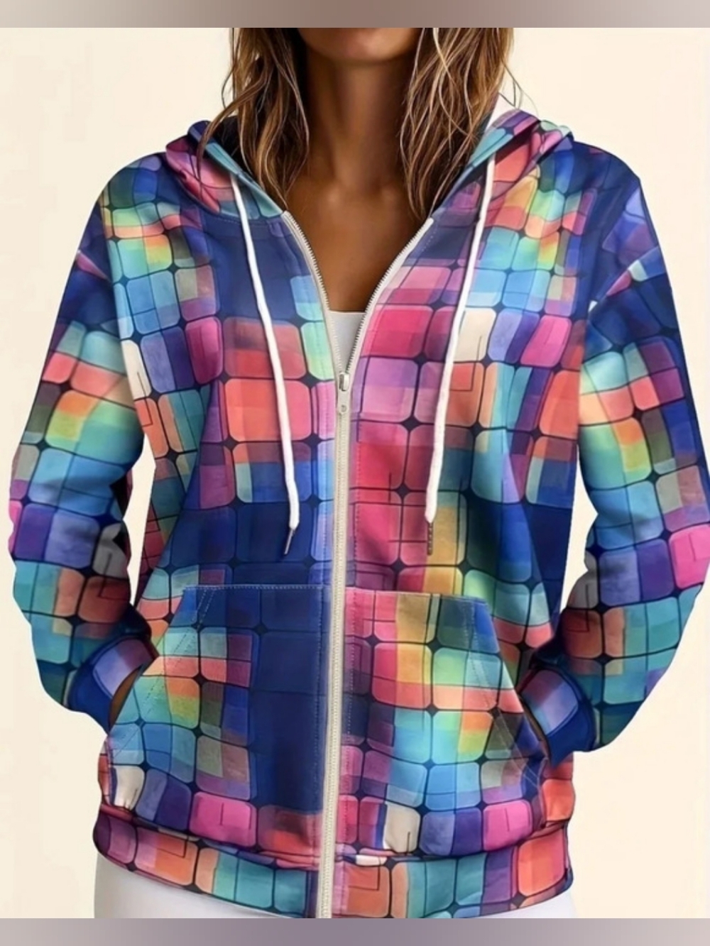 Women's Geometric Multicolor Hooded Jacket.